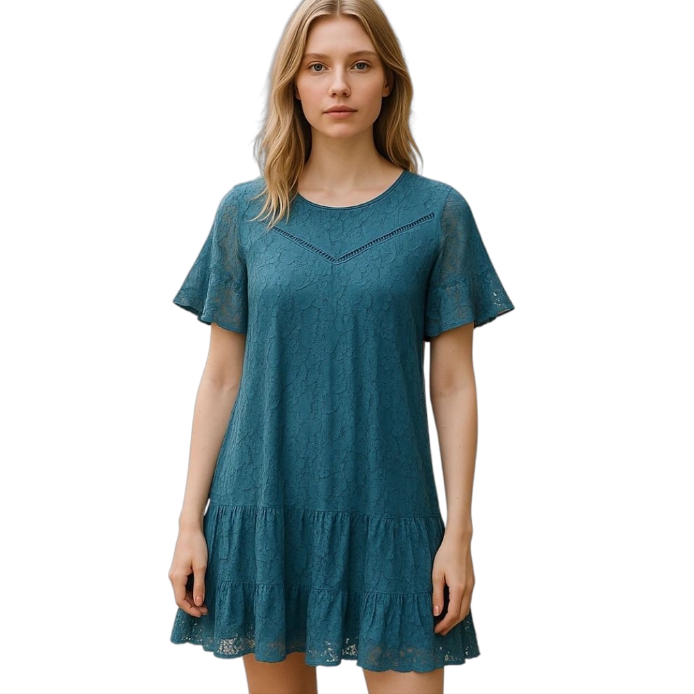 Francesca's Pale Blue Lace Flutter Sleeve Mini Shift Dress Women's Size Large L